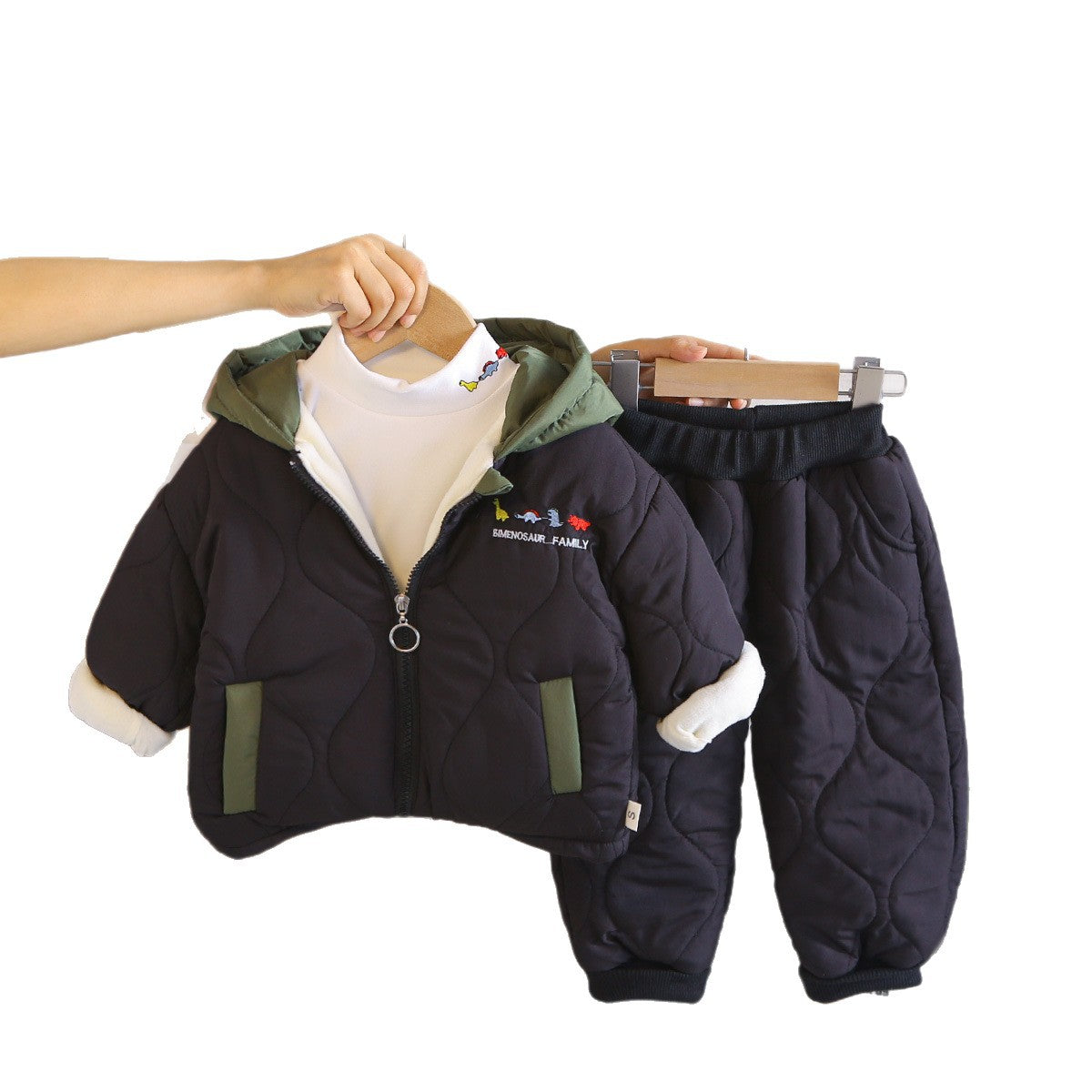 Thickened winter baby hooded cotton jacket three piece set