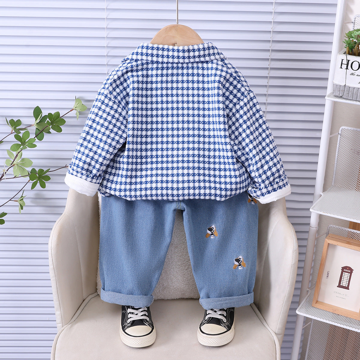 Checkered long sleeved three piece baby autumn casual clothes
