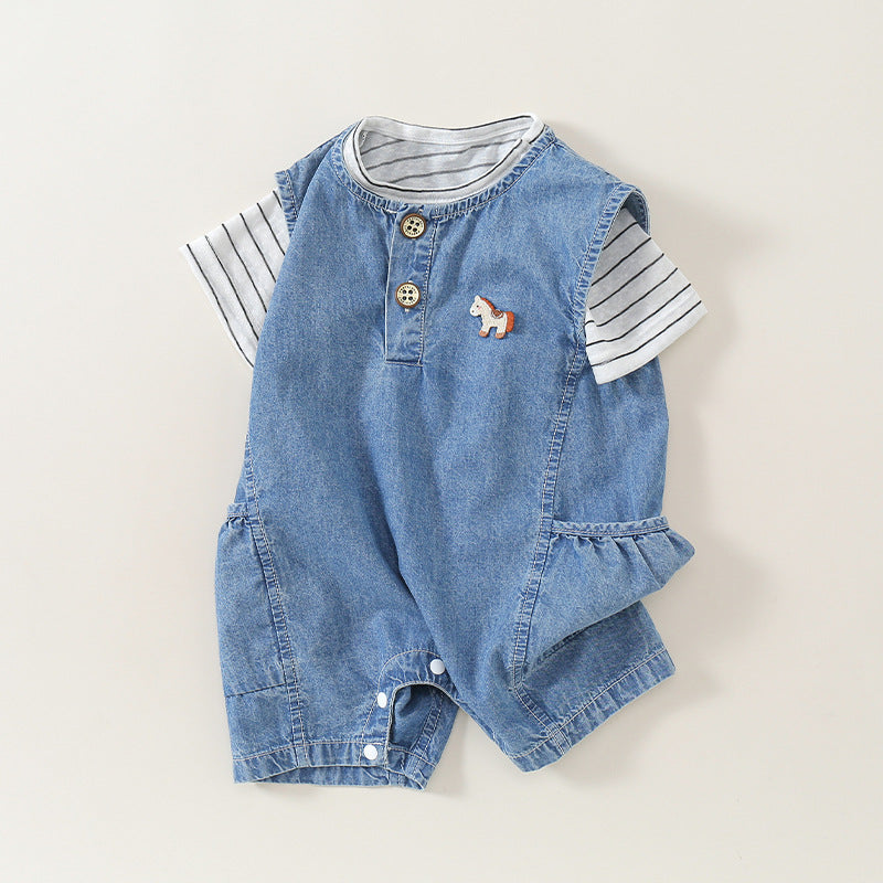 Children's Set Printed Short Sleeve Denim Vest Shorts Kids Cartoon
