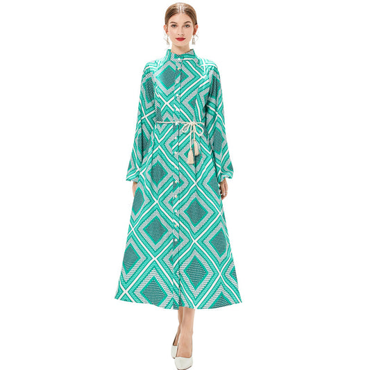 Vintage Print Dress For Women Stand Collar Lantern Sleeve High Waist Belt Colorblock Midi Dresses Female Clothing