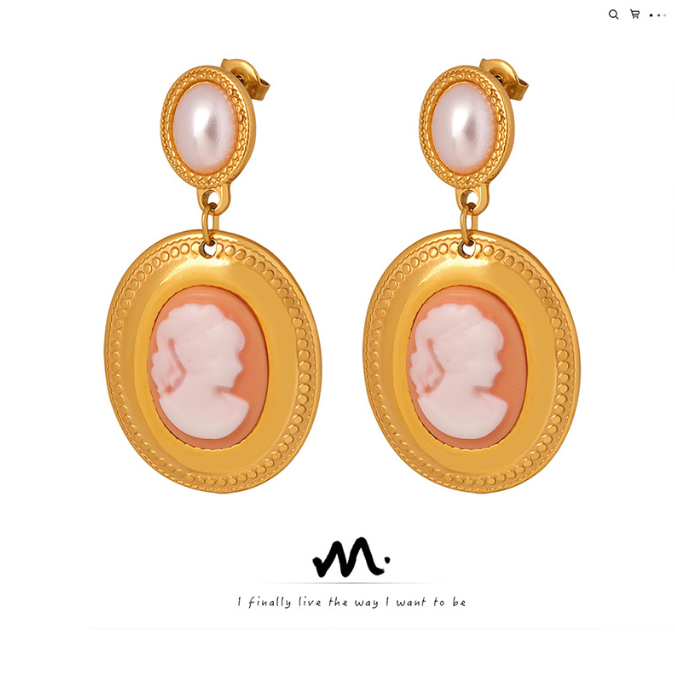 Baroque imitation pearl oval portrait metallic earrings women fashion trend titanium steel gold plated earrings accessories