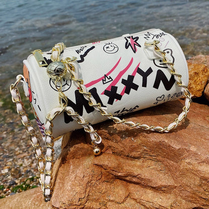 Cartoons Graffiti Cylindrical Pu Leather Zipper Crossbody Bags For Women Fashion Chain Shoulder Handbags And Purses Lady