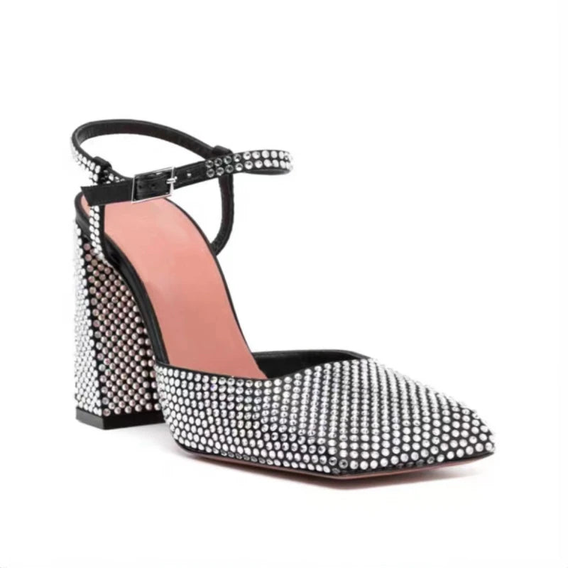 Rhinestone Thick High Heels and Toe Sandals for Women, Retro Mary Jane Single Shoes, Fashionable and Sexy, European and American