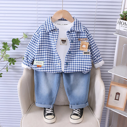 Checkered long sleeved three piece baby autumn casual clothes