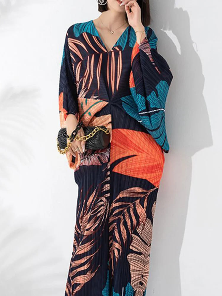 Printed Pleated Dress For Women V-neck Long Batwing Sleeves High End Dresses Elegant Clothing