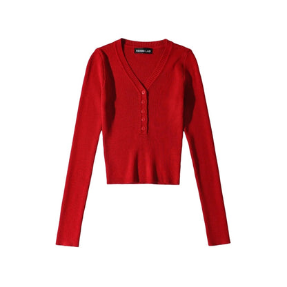 Fall Solid Color Sexy Deep V-Neck Half-Button Long Sleeve Knit Top for Women, High-Waisted Short Crop Bodysuit, Underwear Style