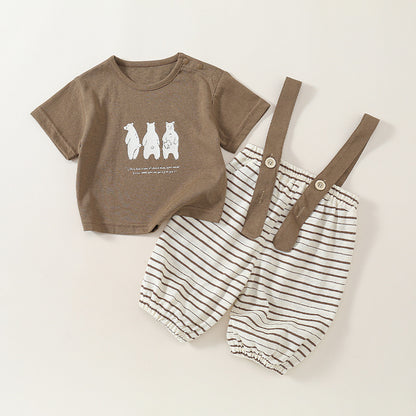 Cute Cartoon Print Short Sleeve Overalls Two-Piece Set for Babies