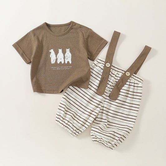 Cute Cartoon Print Short Sleeve Overalls Two-Piece Set for Babies