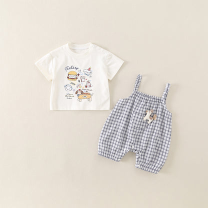 Baby Two-Piece Set Cartoon Print Short Sleeve Overalls Outfit for Toddler Girl