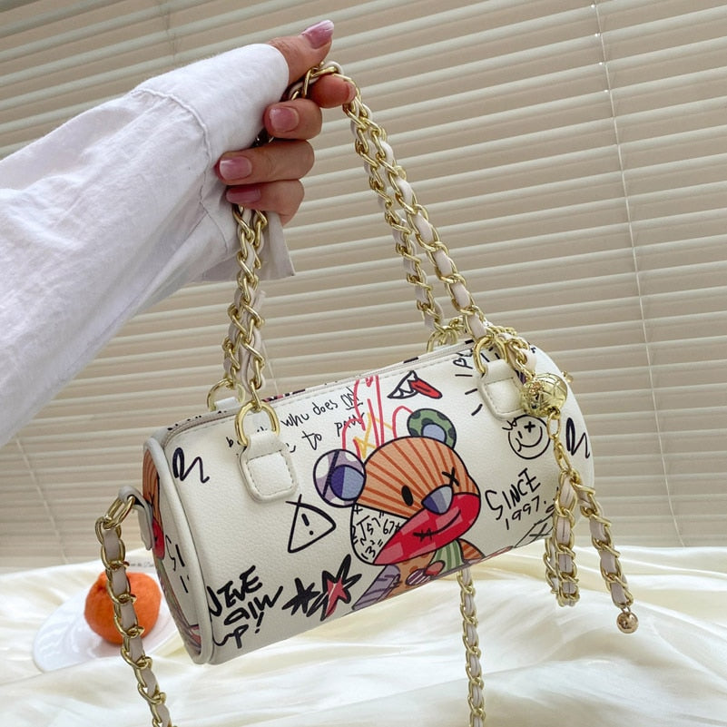 Cartoons Graffiti Cylindrical Pu Leather Zipper Crossbody Bags For Women Fashion Chain Shoulder Handbags And Purses Lady