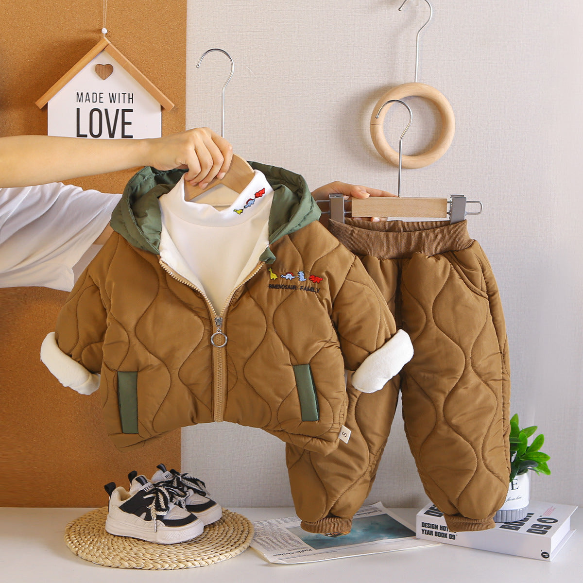 Thickened winter baby hooded cotton jacket three piece set
