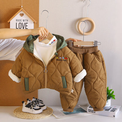 Thickened winter baby hooded cotton jacket three piece set