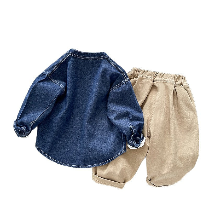 Children's denim long sleeved three piece set for baby spring and autumn