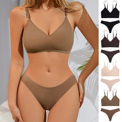 Large size V-neck underwear set for women, no steel ring seamless underwear with briefs for women