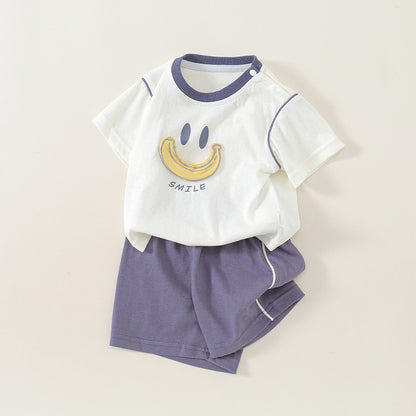 Children's Outfit Cartoon Banana Smile Print Short Sleeve Two-Piece Set