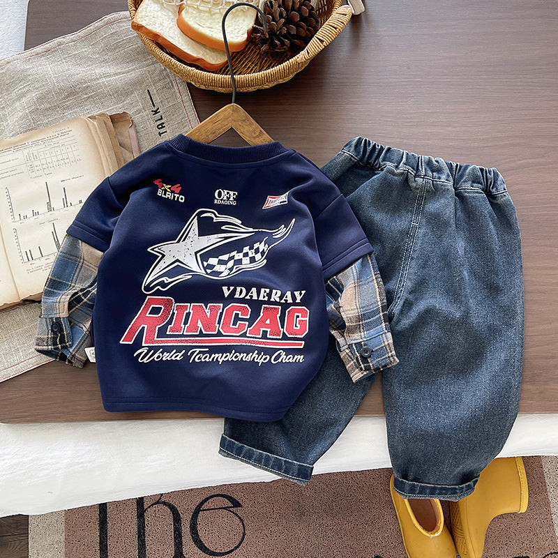 Spring and Autumn hoodie long sleeved boys' two-piece set