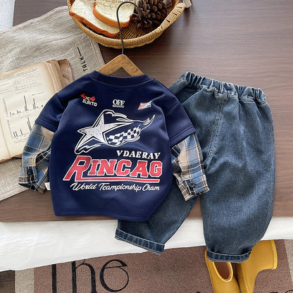 Spring and Autumn hoodie long sleeved boys' two-piece set