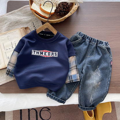 Spring and Autumn hoodie long sleeved boys' two-piece set