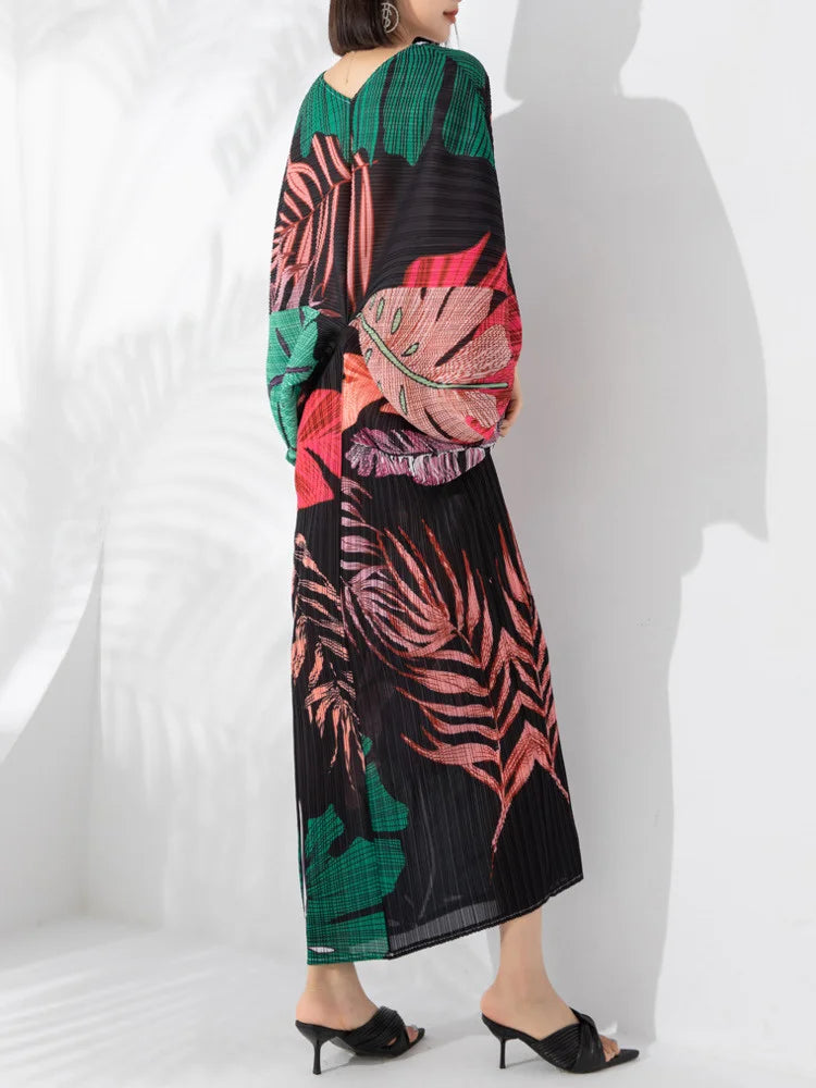 Printed Pleated Dress For Women V-neck Long Batwing Sleeves High End Dresses Elegant Clothing