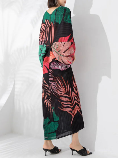 Printed Pleated Dress For Women V-neck Long Batwing Sleeves High End Dresses Elegant Clothing