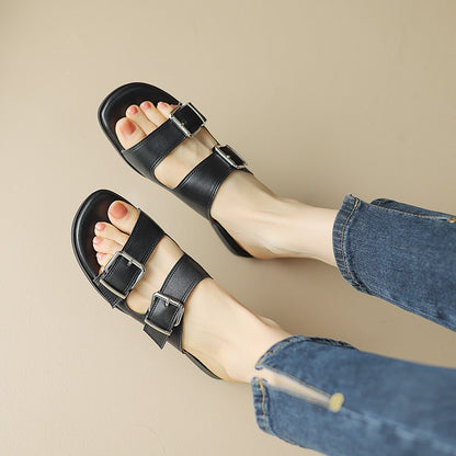 Flat bottom belt buckle round toe cowhide open toe sandals for women