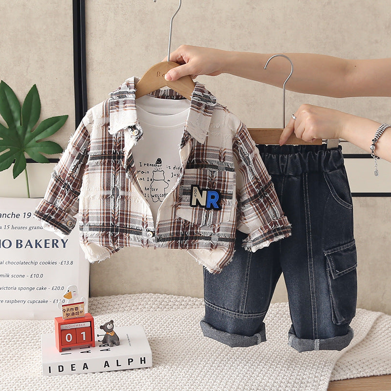 Spring and Autumn Checkered Shirt Three Piece Set for Infants and Children