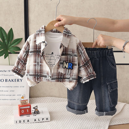 Spring and Autumn Checkered Shirt Three Piece Set for Infants and Children