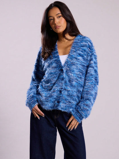 Fashionable Vintage Deep V-Neck Melange Fleece Long Sleeve Cardigan