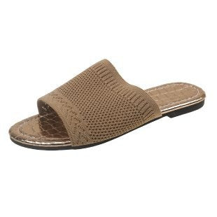 Flat bottomed fly woven fabric straight line slippers for women with wide band flat heel sandals
