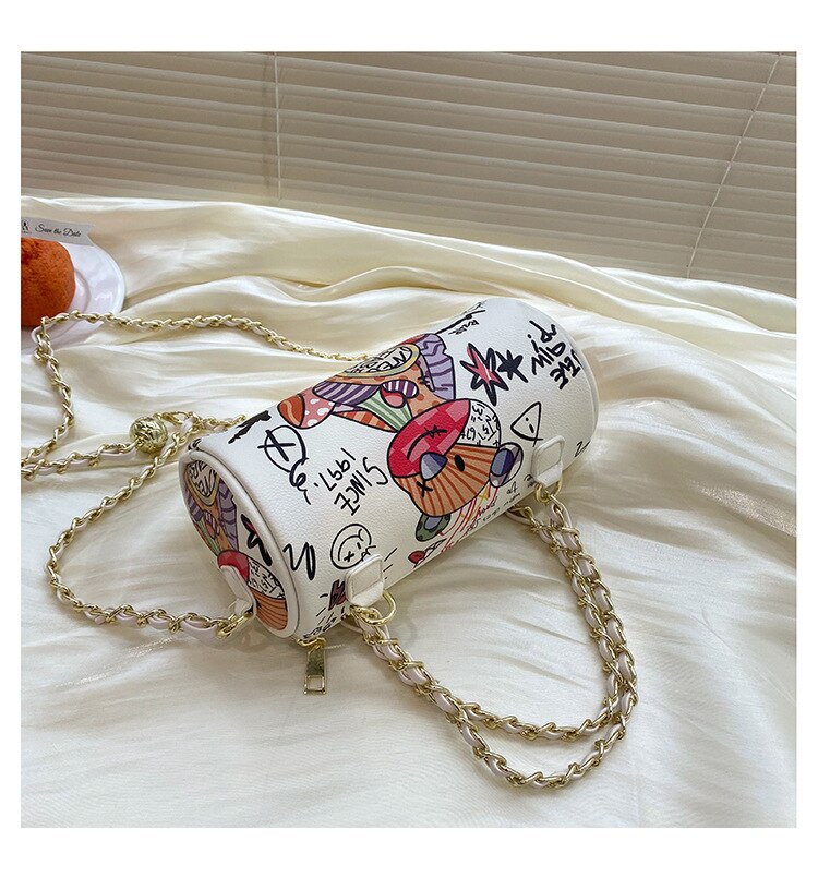 Cartoons Graffiti Cylindrical Pu Leather Zipper Crossbody Bags For Women Fashion Chain Shoulder Handbags And Purses Lady
