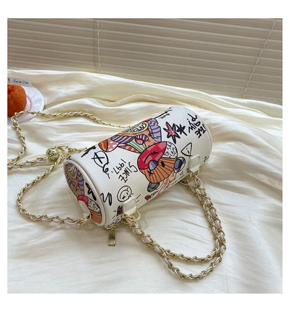 Cartoons Graffiti Cylindrical Pu Leather Zipper Crossbody Bags For Women Fashion Chain Shoulder Handbags And Purses Lady