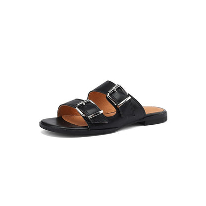Flat bottom belt buckle round toe cowhide open toe sandals for women