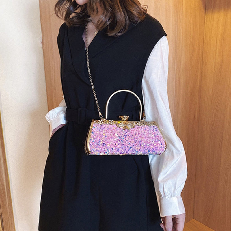 Women Fashion Clutch Purse Sequin Elegant Black Evening Bags Ladies Rhinestone Wedding Party Clutch Handbag Chain Shoulder Bags