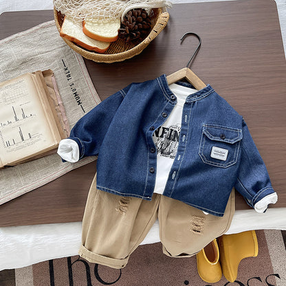 Children's denim long sleeved three piece set for baby spring and autumn