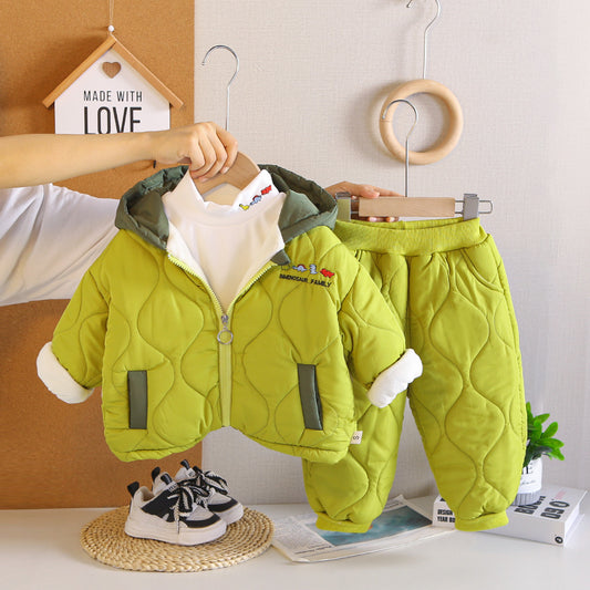Thickened winter baby hooded cotton jacket three piece set