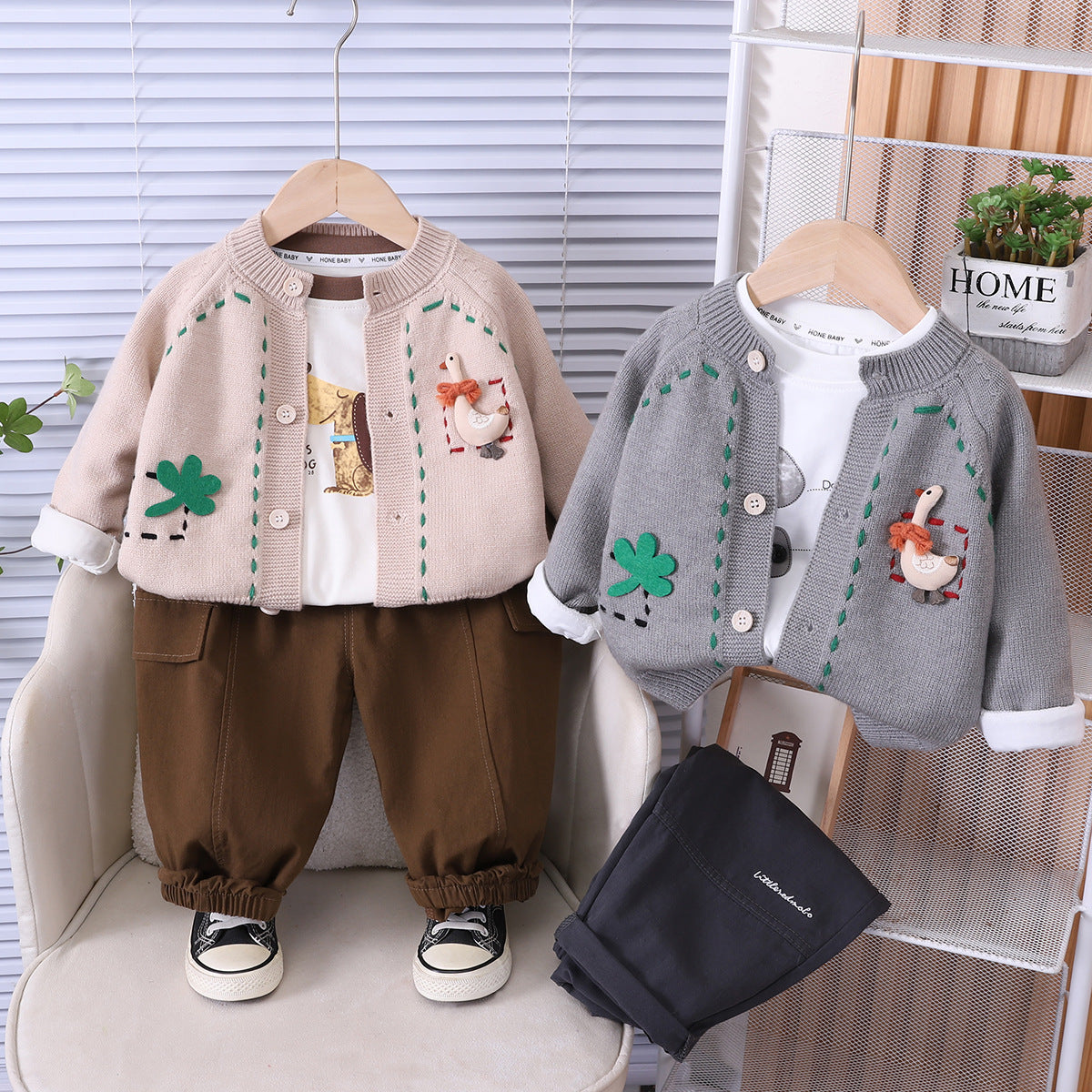 Spring and Autumn Knitted Cardigan Long Sleeve Three Piece Set