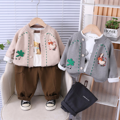 Spring and Autumn Knitted Cardigan Long Sleeve Three Piece Set