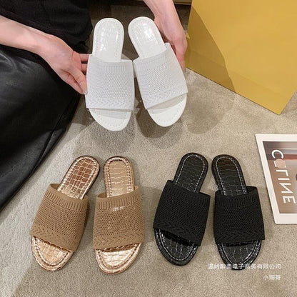 Flat bottomed fly woven fabric straight line slippers for women with wide band flat heel sandals