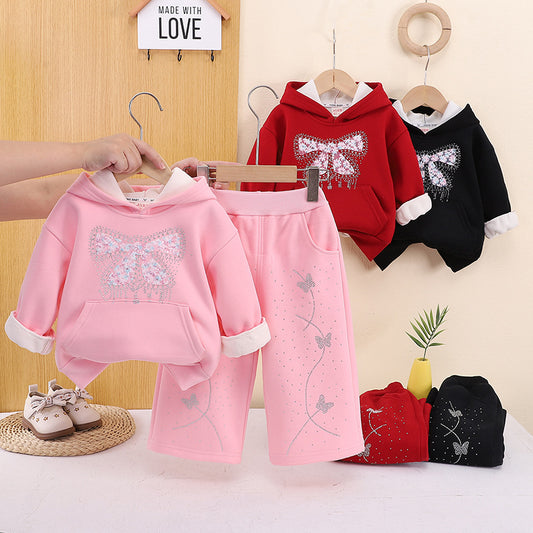 Two piece set of winter baby hoodie with added velvet and thickening
