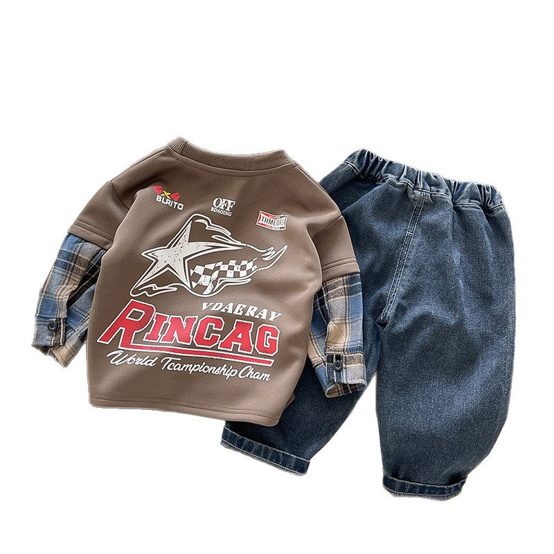Spring and Autumn hoodie long sleeved boys' two-piece set