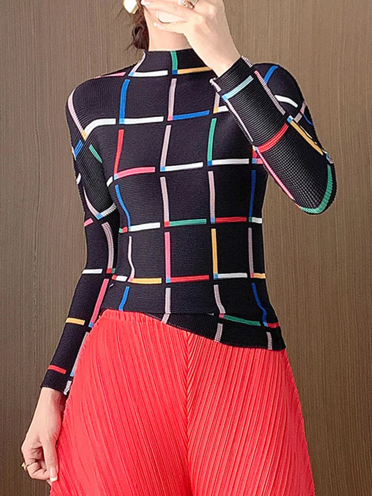 Pleated Stand Collar T Shirt Women Fashion Niche Design Slim New Spring  Full Sleeve Female Clothing