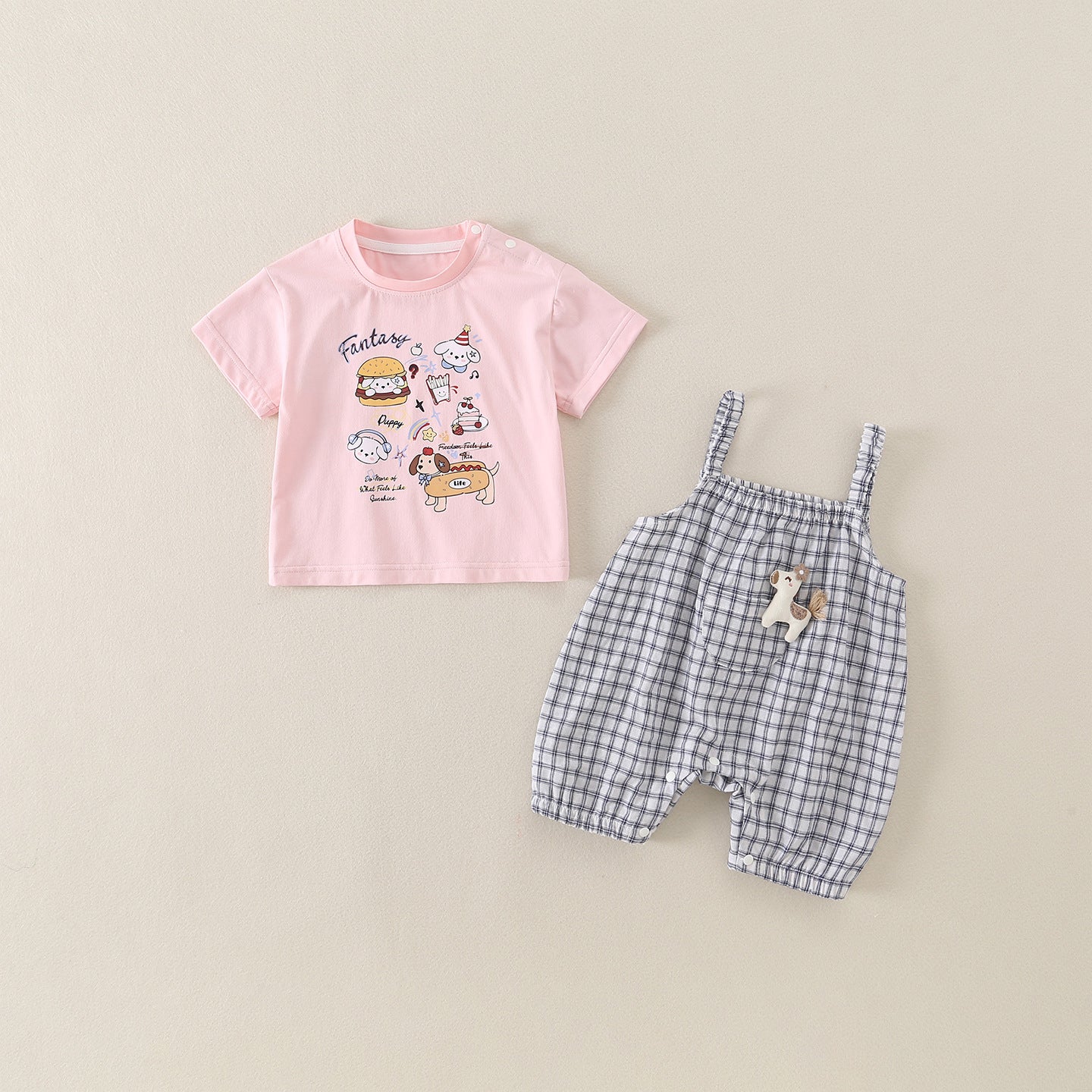 Baby Two-Piece Set Cartoon Print Short Sleeve Overalls Outfit for Toddler Girl