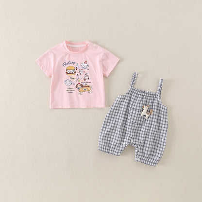 Baby Two-Piece Set Cartoon Print Short Sleeve Overalls Outfit for Toddler Girl