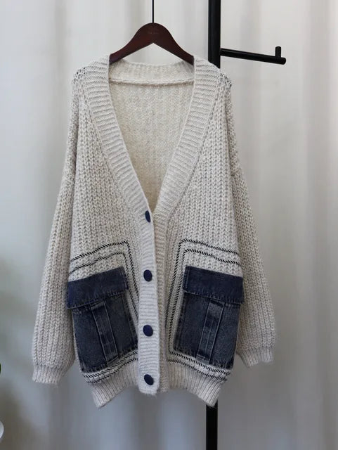 V-Neck Loose Cardigan Women Long Sleeve Single Breasted Pockets Sweater Coat Women's Clothing Autumn Winter