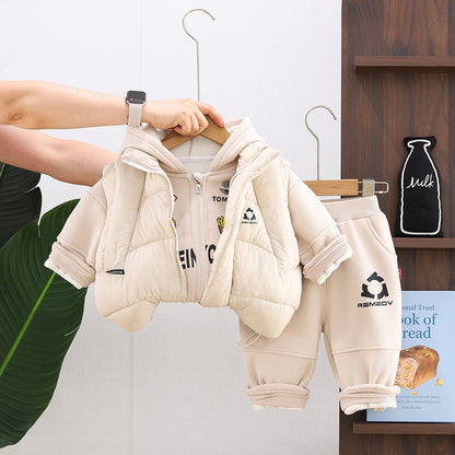 Thickened winter baby hooded vest three piece set