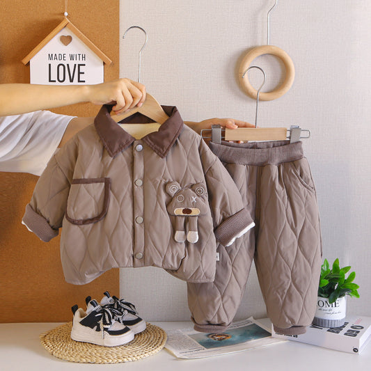 Two piece set of thick warm cotton clothes for children and boys in winter
