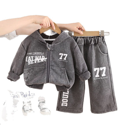 Children's clothing casual baby hooded long sleeved two-piece set