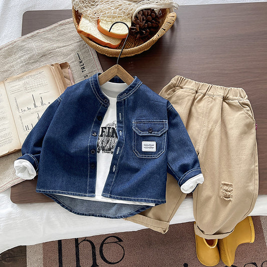 Children's denim long sleeved three piece set for baby spring and autumn