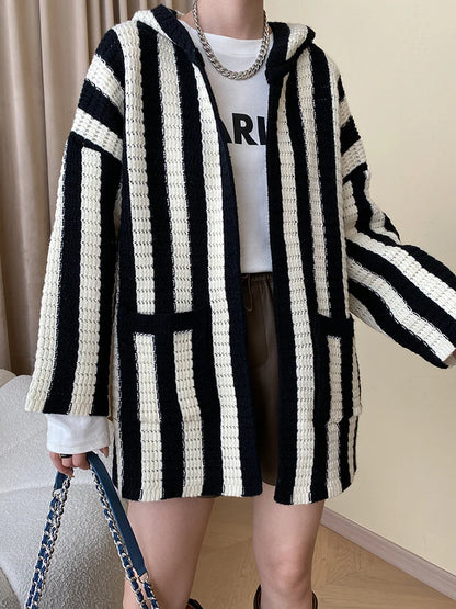 Casual Knitted Striped Cardigan For Women Hooded Contrast Color Loose Coat Fashion Winter New Clothing