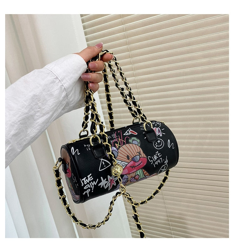 Cartoons Graffiti Cylindrical Pu Leather Zipper Crossbody Bags For Women Fashion Chain Shoulder Handbags And Purses Lady